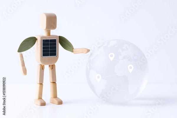 Fototapeta Robot figure with solar panel chest and leaf like arms standing next to globe with location markers, representing connectivity and technology internet of things, conveying innovation and global