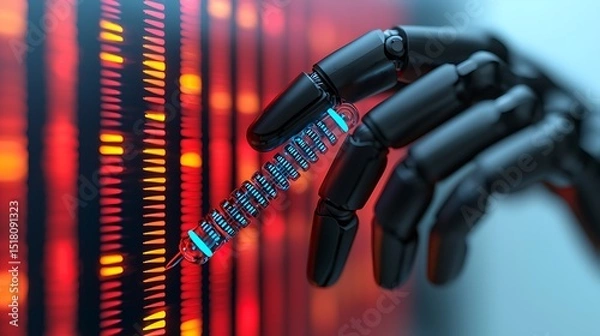Fototapeta Robotic Hand Holding Syringe with Data Stream Futuristic Medical Technology Concept