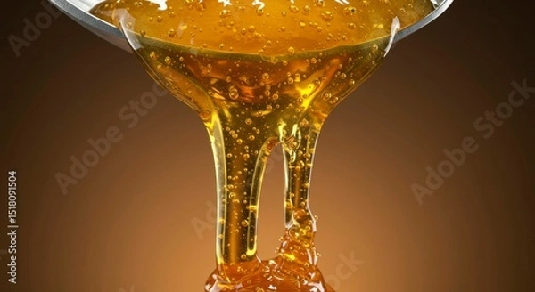 Fototapeta Golden, viscous liquid pours from a utensil, showcasing its rich texture and flowing consistency