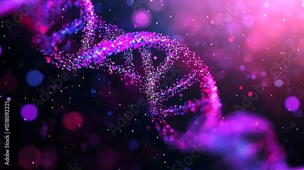 Fototapeta Abstract DNA Double Helix Structure Glowing Pink and Purple Particle Effect Science Background