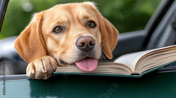 Fototapeta Adorable Golden Retriever Puppy Resting on Open Book in Car Window