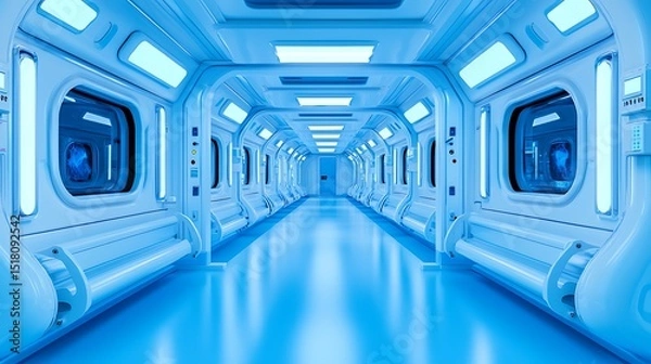 Fototapeta Futuristic Spaceship Corridor Sci Fi Interior Blue Lighting Empty Modern Clean Spaceship Tunnel