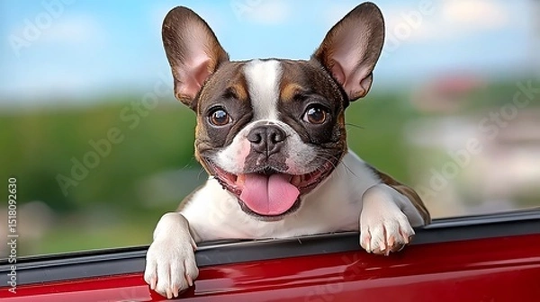 Fototapeta Happy French Bulldog Puppy Hanging Out of Red Car Window Summer Day