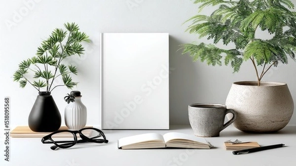 Fototapeta Elegant White Blank Book Cover Mockup Resting on a Minimalist Desk Adorned With Glasses, Plants, and a Cup, Creating a Serene Workspace Atmosphere
