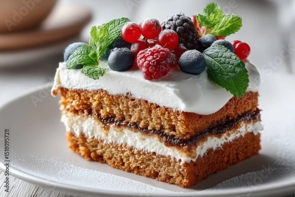 Fototapeta Indulgent Layers of Moist Cake With Fresh Berries and Mint on a Rustic Wooden Table Showcasing Sweet Elegance and Delightful Flavors in Soft Natural Light