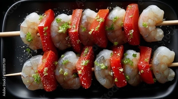 Fototapeta Vibrant Skewers of Raw Shrimp and Red Bell Pepper Captured Beautifully on a Black Plate With a Hint of Butter and Lime in Minimalist Style
