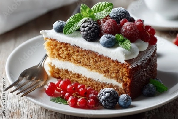 Fototapeta Indulging in Moist Cake Layers Adorned With Fresh Berries and Mint, Served Gracefully on a Rustic Table