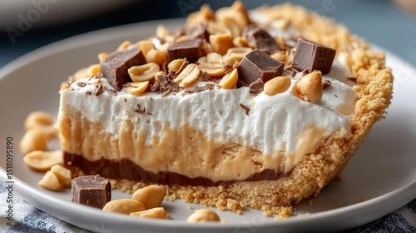 Obraz Indulging in a Creamy Slice of No-Bake Peanut Butter Cream Pie With a Rustic Crust and Delightful Toppings