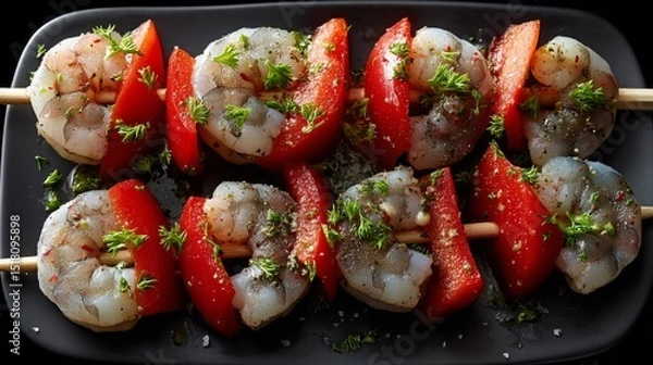 Fototapeta Delightful Shrimp and Red Bell Pepper Skewers Ready for Grilling With a Touch of Lime and Seasoning