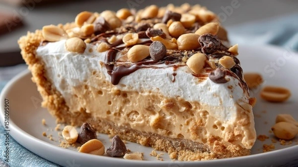 Fototapeta Decadent No Bake Peanut Butter Cream Pie Slice Showcasing Creamy Filling, Rustic Crust, and Rich Toppings for Dessert Lovers Seeking a Delightful Treat