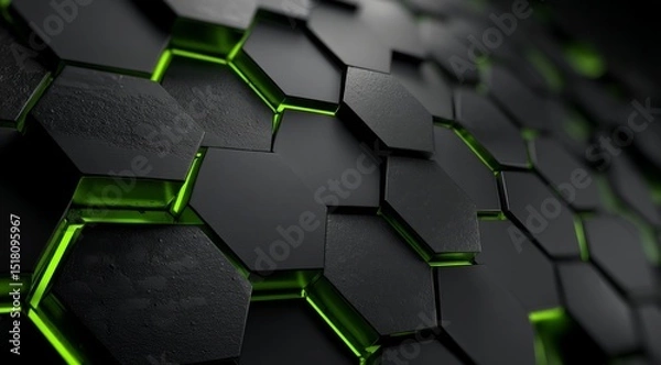 Fototapeta Futuristic Geometric Composition With Black Hexagonal Tiles and Glowing Green Accents Creates a Feeling of Depth and Infinite Space