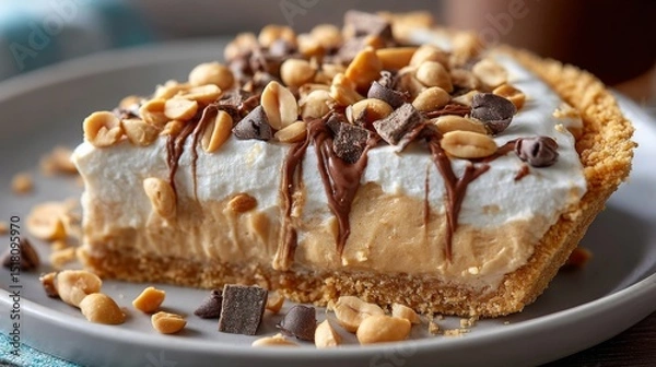 Fototapeta Indulging in a Slice of Creamy Peanut Butter Pie With a Rustic Crust and a Delightful Topping of Whipped Cream and Chocolate Shavings