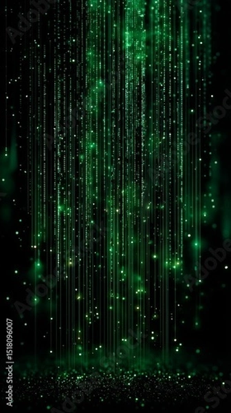 Obraz Vertical Lines of Glowing Green Code Twinkle Like Stars in a Digital Universe, Evoking a Futuristic Atmosphere That Hints at Artificial Intelligence and Data Streams