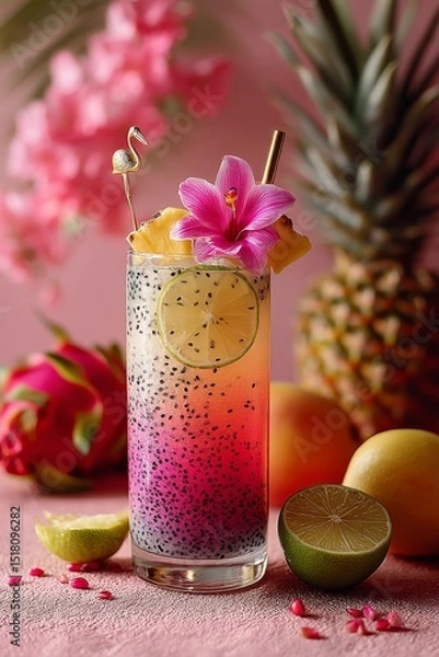 Fototapeta Vibrant Tropical Cocktail Garnished With Colorful Fruits and a Beautiful Orchid, Radiating Summer Vibes on a Pink Backdrop