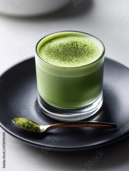 Fototapeta Elegant Matcha Latte Presented on a Matte Black Plate, Showcasing Minimalist Food Design With Warm Light and a Refined Color Palette