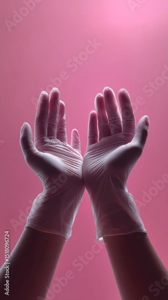 Fototapeta Midwife Hands Reaching Toward the Sky in a Moment of Support and Care, Symbolizing Love and Anticipation Against a Soft Pink Background