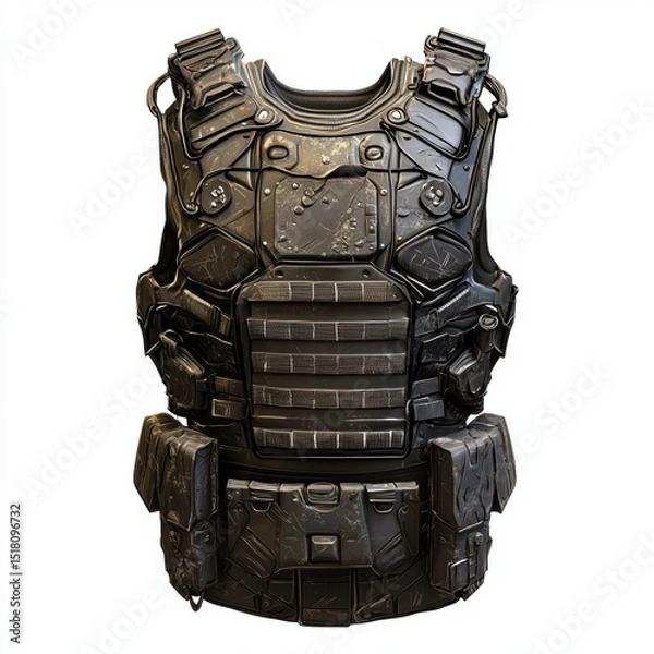 Obraz A heavily armored tactical body vest with pouches and metallic plates, sits against a white background, displaying intricate details and a futuristic design.