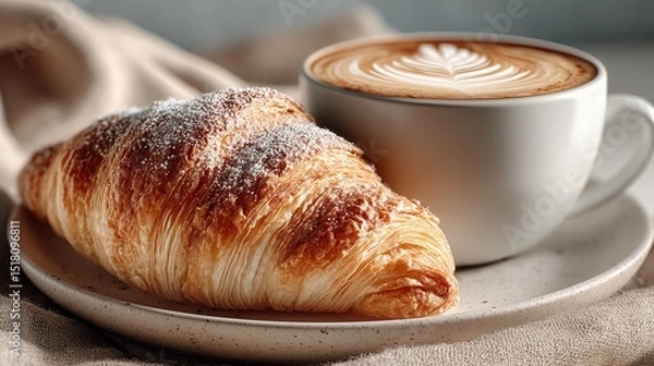 Fototapeta Delight in a Modern Bakery Setting Featuring a Golden Croissant Paired With a Cappuccino, Showcasing the Essence of Artisanal Coffee and Pastry Perfection