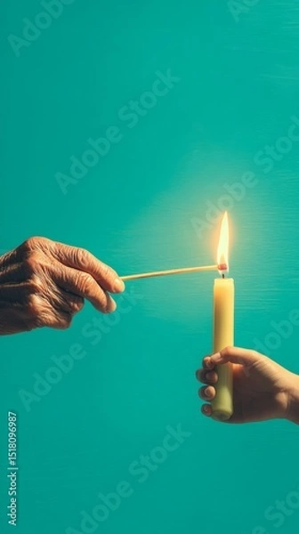 Fototapeta Connection Across Generations as an Old Hand Lights a Candle Held by a Young Hand, Symbolizing the Passing of Wisdom and Tradition Amidst Vibrant Colors