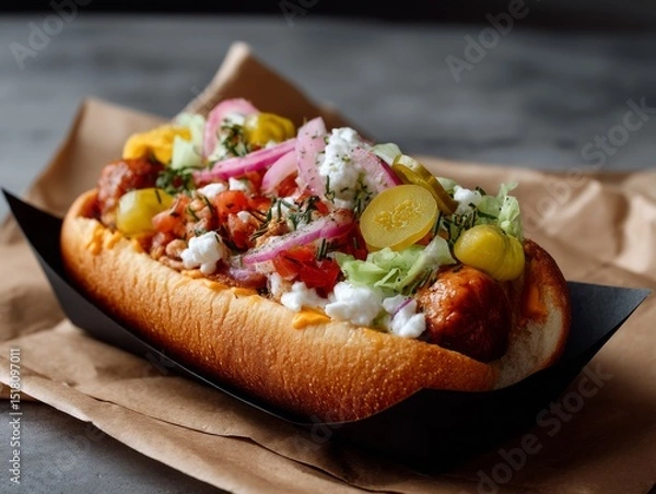 Fototapeta Hot Dog Masterpiece With Gourmet Toppings Served in Black Kraft Paper on a Rustic Table