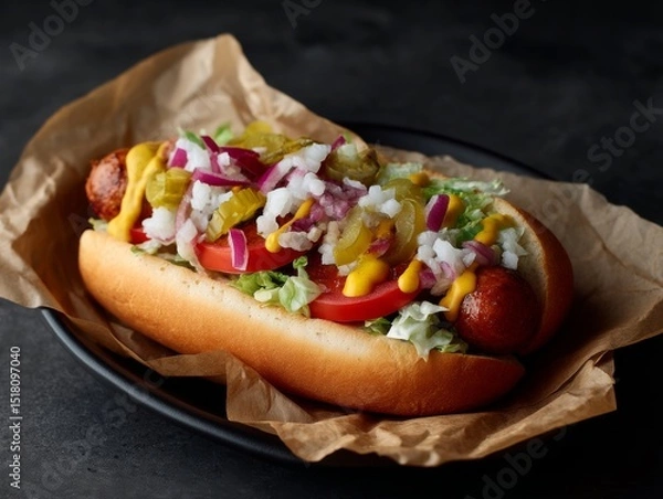 Fototapeta Sizzling Hot Dog With Savory Sausage and Vibrant Toppings Wrapped in Rustic Kraft Paper Served at a Casual Outdoor Eatery