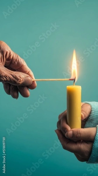 Fototapeta Connection Across Generations as an Old Hand Lights a Candle Held by a Young Hand Amidst a Soft-Focus Backdrop of Tranquil Colors