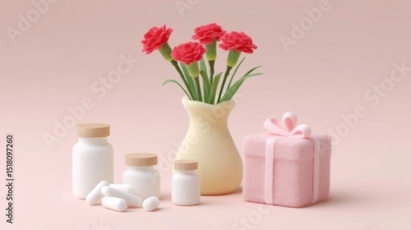 Fototapeta Charming Woolfelt Red Carnation Bouquet and Health Supplements Create a Festive Ambiance for Parents' Day Celebration