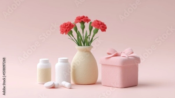 Fototapeta Celebrate Parents' Day With a Charming Arrangement of Red Woolfelt Carnations, Health Supplements, and a Lovely Pink Gift Box on a Soft Table Setting