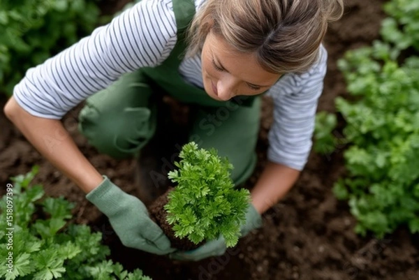 Fototapeta Embracing Nature Through Gardening as a Woman Cultivates a Vibrant Patch of Fresh Herbs in Her Home Garden, Revealing the Joys of Nurturing Plants and Connecting With the Earth