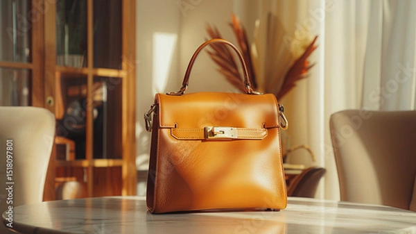 Obraz Stylish leather woman's bag on table near light wall