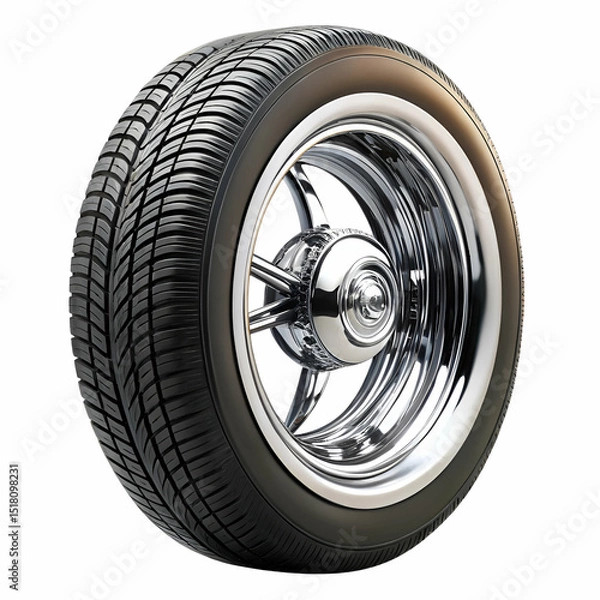 Fototapeta Detailed 3d render of a shiny chrome wheel with a car tire against a white background
