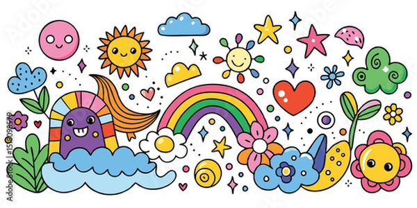 Obraz Colorful doodle illustration with rainbow, sun, clouds isolated on white