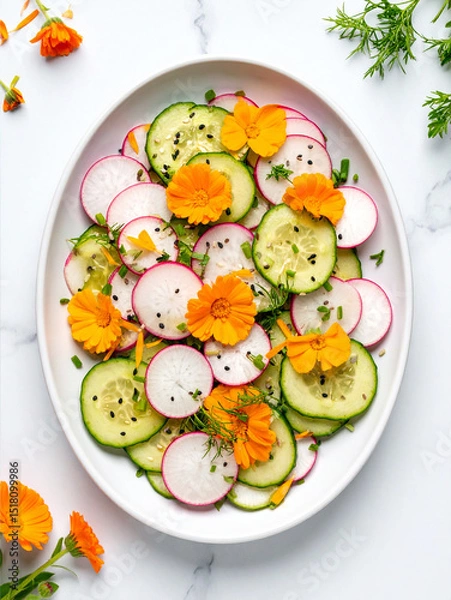 Obraz A salad of fresh cucumbers and radishes garnished with edible marigold flowers, dill and sesame on a white plate, perfect for a healthy vegan meal.