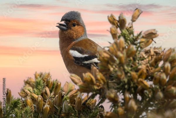 Fototapeta Chaffinch looking out from undergrowth at dusk
