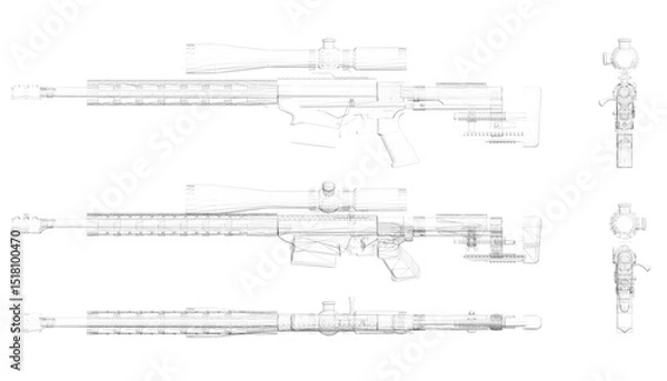 Fototapeta A gun is shown in three different views. The gun is a sniper rifle. The gun is black and silver