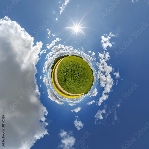 Fototapeta simple little tiny planet without buildings in blue sky with sun and beautiful clouds. Transformation of spherical panorama 360 degrees. Spherical abstract aerial view. Curvature of space.