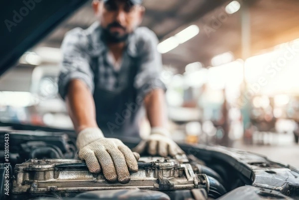 Fototapeta Car mechanic wearing gloves checks engine condition in workshop