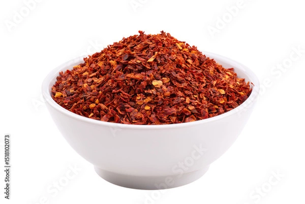 Obraz bowl of vibrant red chili flakes isolated on white background