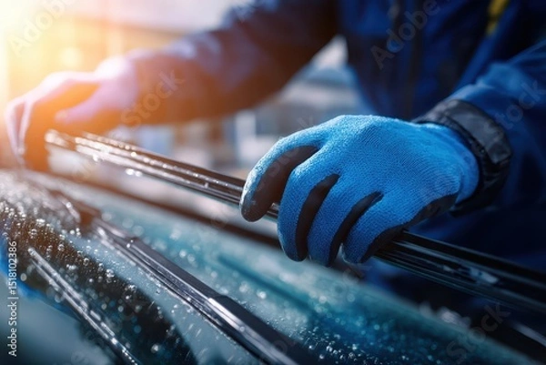 Fototapeta Replacing worn windshield wiper blades in a passenger car