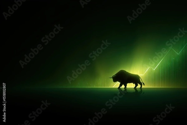 Fototapeta Bull symbol of bull market on financial stock exchange against green background of rising stock prices
