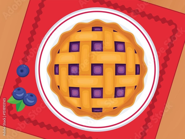 Fototapeta Lattice blueberry pie on a plate top view vector illustration. Round sweet pie and fresh blueberries on a wooden table above view vector. Whole latticed blueberry pie on the table drawing