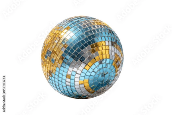 Fototapeta PNG Colorful mosaic disco ball with blue and gold tile pattern on black background