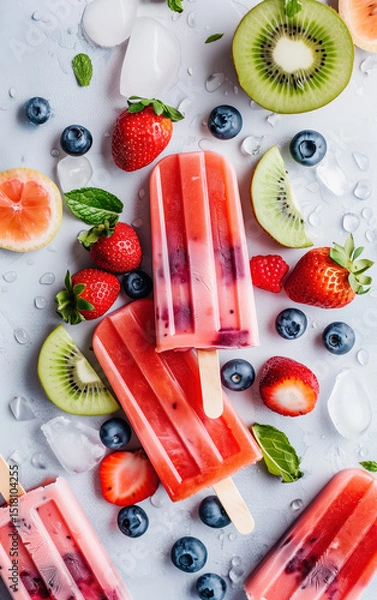 Obraz Ice cream popsicle. Ice cream on bright vibrant color pastel solid background. Color frozen fruit popsicle. Homemade ice lolly, popsicle. Summer ice cream minimal fashion idea. Realistic photo