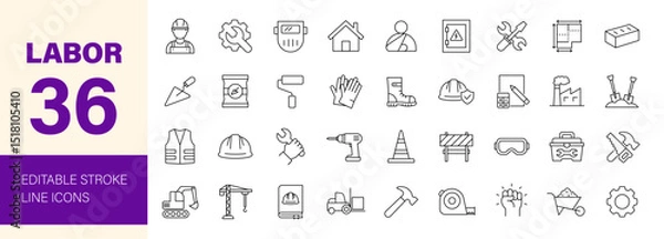 Fototapeta Labor icon set. Containing construction, labour day, renovation, repair, engineer, gear, builder, labour, helmet, crane, brick and more. Editable line icons. Vector illustration.