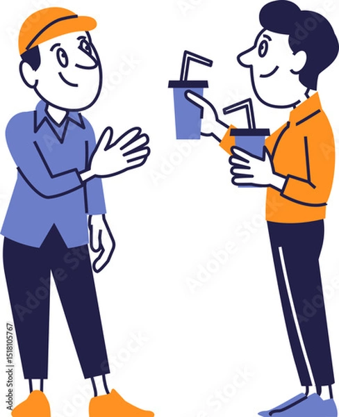 Obraz Friendly communication between two men with takeaway drinks in flat design illustration