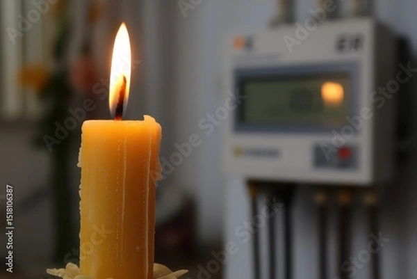 Fototapeta Burning candle during a power outage during an energy crisis, with a home power distribution board in the background