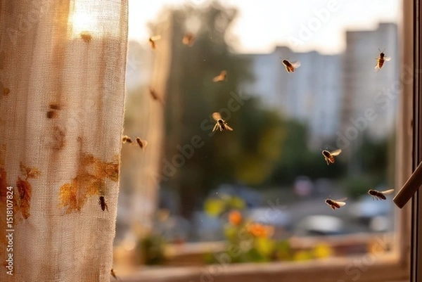 Fototapeta Insects and bugs in the apartment window fly into the interior through the open window