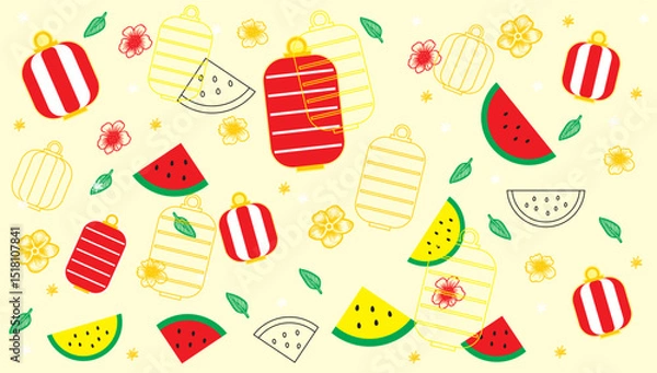 Obraz japanese matsuri seamless pattern with water melons and lantern.