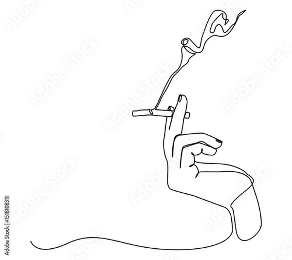 Fototapeta Minimalist single line drawing depicting a human hand holding a cigarette with smoke. Elegant and modern illustration.