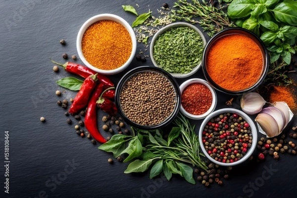 Obraz Colorful spices and herbs creating a frame on dark background